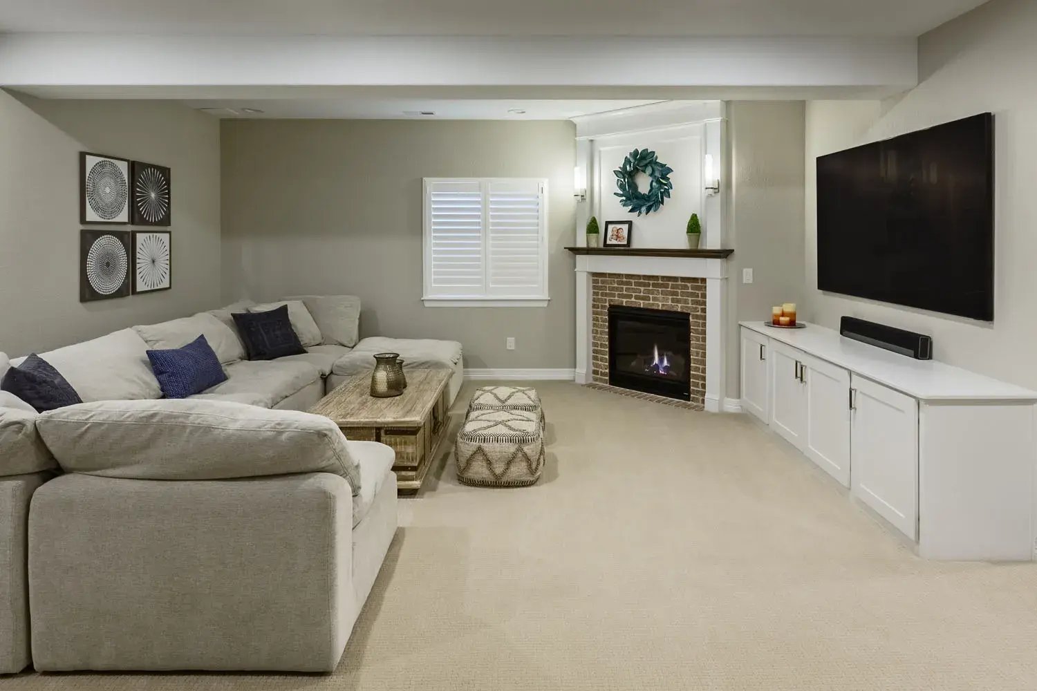 basement family room design-fireplace